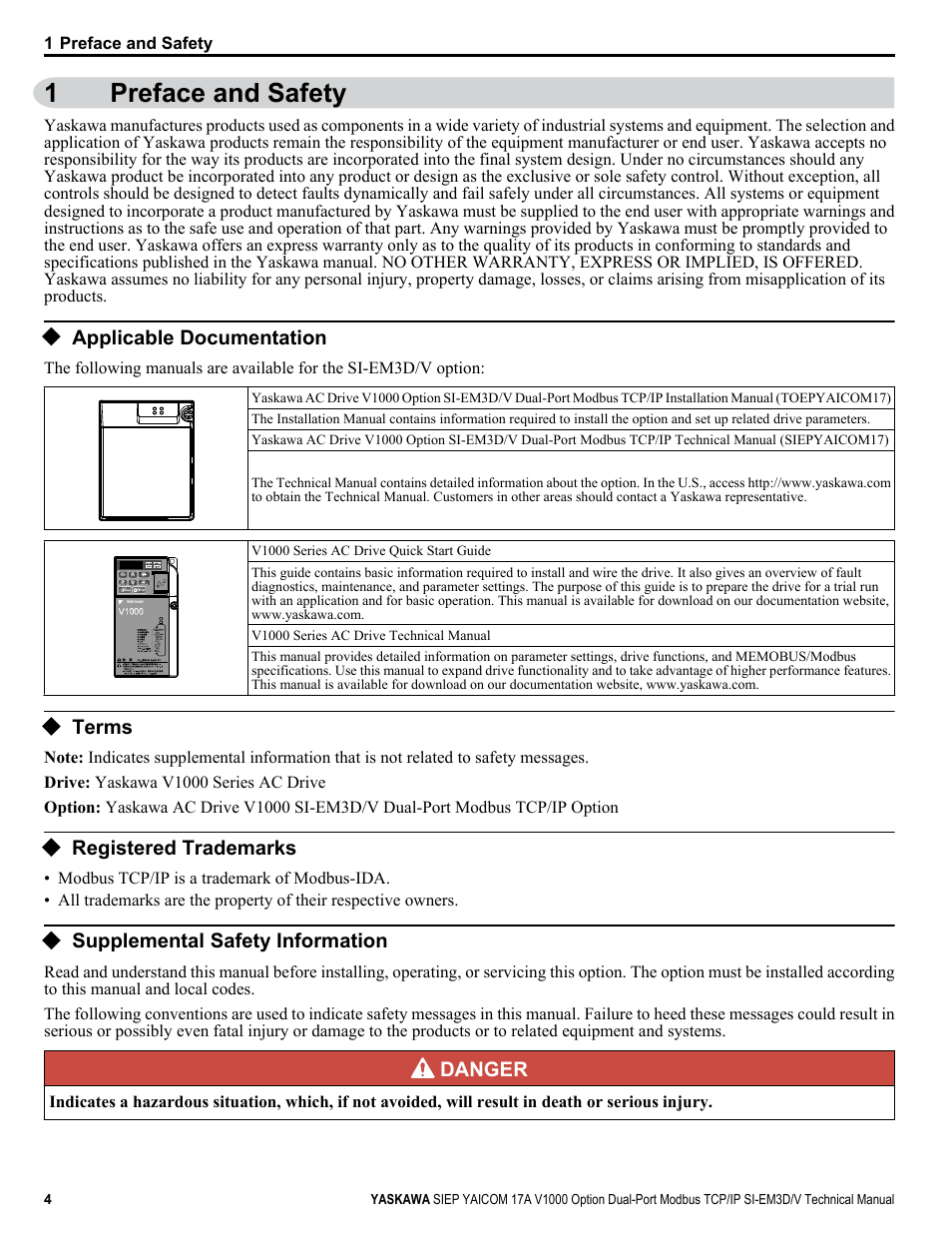 Preface and safety, Applicable documentation, Terms | Registered trademarks, Supplemental safety information, 1preface and safety | Yaskawa V1000-Series Option SI-EM3D/V Dual Port EtherNet Modbus TCP/IP Technical Manual User Manual | Page 4 / 52