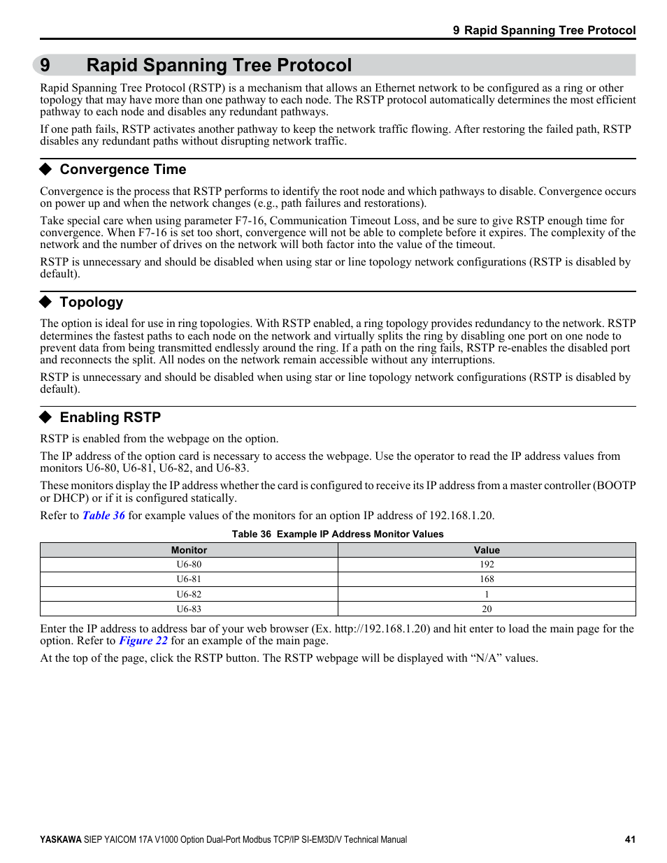Rapid spanning tree protocol, Convergence time, Topology | Enabling rstp, 9rapid spanning tree protocol | Yaskawa V1000-Series Option SI-EM3D/V Dual Port EtherNet Modbus TCP/IP Technical Manual User Manual | Page 41 / 52