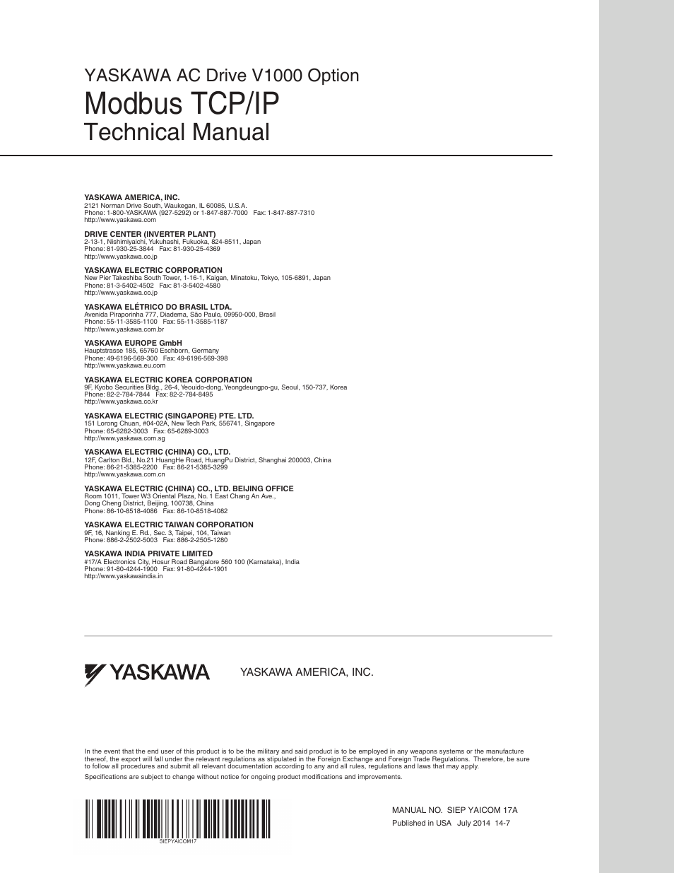 Modbus tcp/ip, Technical manual, Yaskawa ac drive v1000 option | Yaskawa america, inc | Yaskawa V1000-Series Option SI-EM3D/V Dual Port EtherNet Modbus TCP/IP Technical Manual User Manual | Page 52 / 52