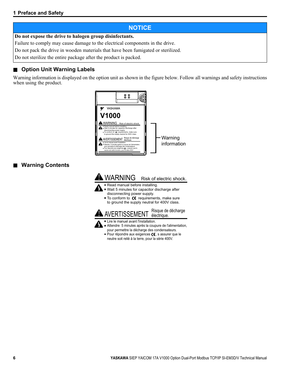 Avertissement, Warning, V1000 | Notice | Yaskawa V1000-Series Option SI-EM3D/V Dual Port EtherNet Modbus TCP/IP Technical Manual User Manual | Page 6 / 52
