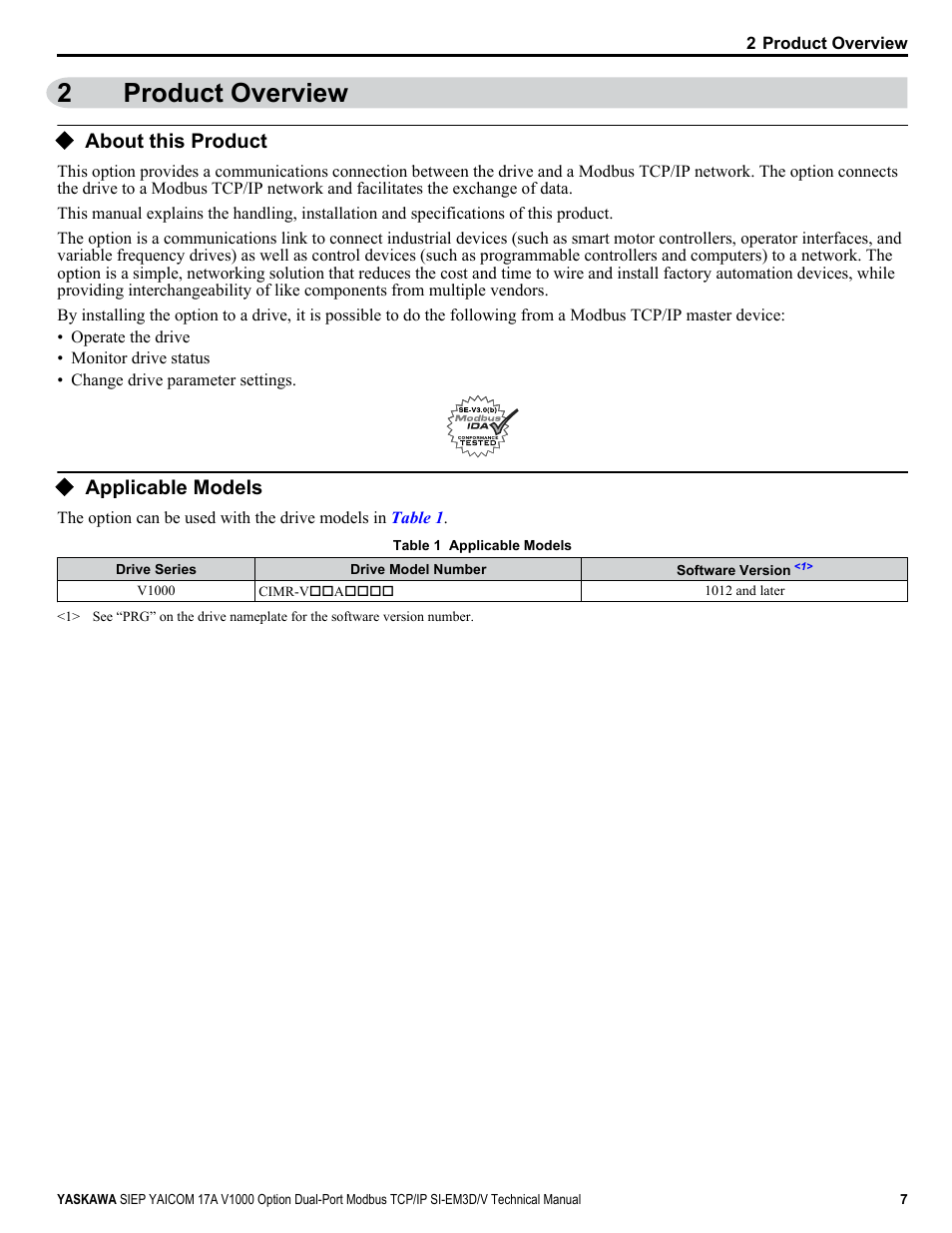 Product overview, About this product, Applicable models | 2product overview | Yaskawa V1000-Series Option SI-EM3D/V Dual Port EtherNet Modbus TCP/IP Technical Manual User Manual | Page 7 / 52