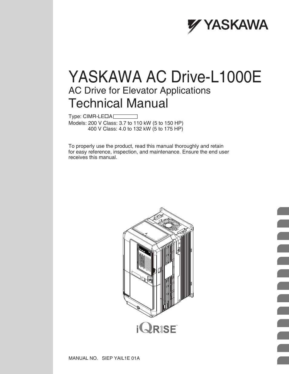 Yaskawa L1000E AC Drive Technical Manual for CIMR-LE Models for Elevator Applications User Manual | 488 pages