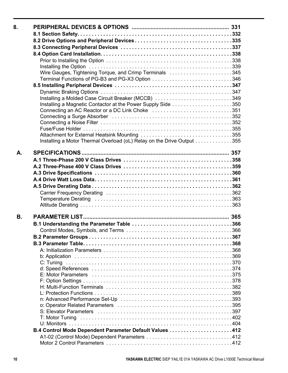 Yaskawa L1000E AC Drive Technical Manual for CIMR-LE Models for Elevator Applications User Manual | Page 10 / 488