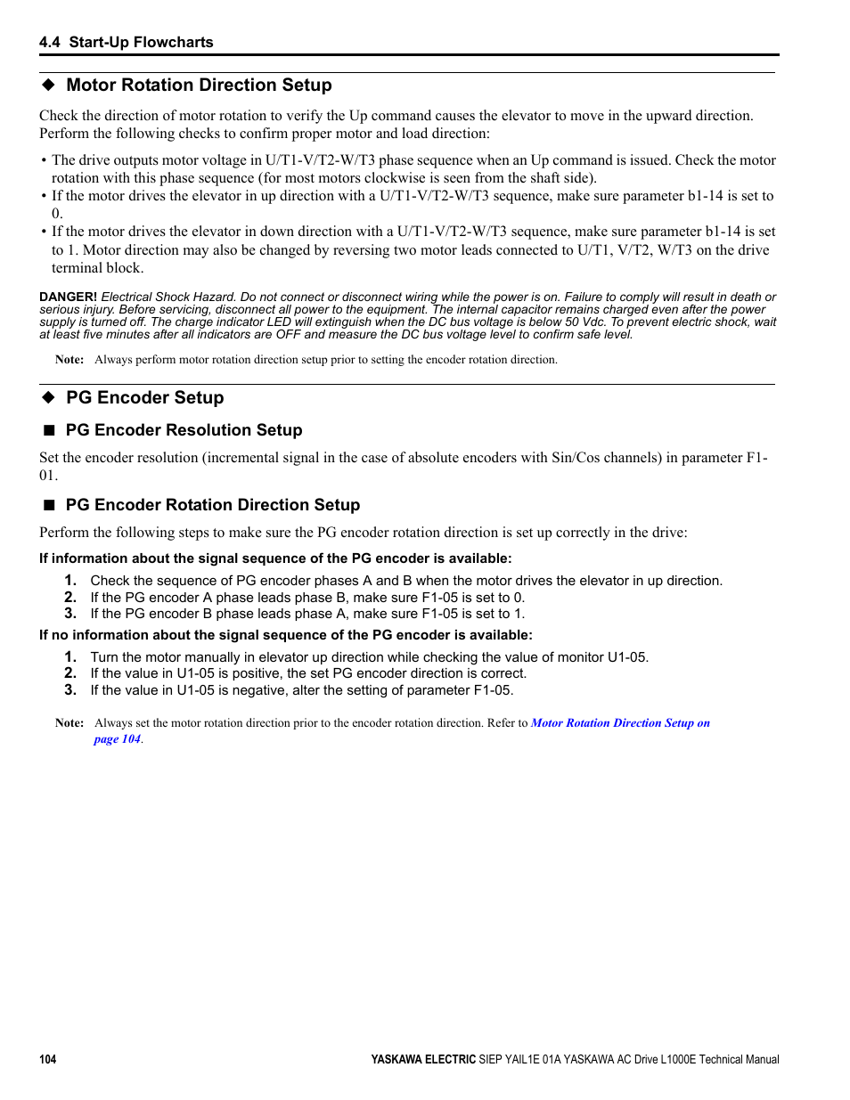 Motor rotation direction setup, Pg encoder setup, Motor rotation direction setup pg encoder setup | Yaskawa L1000E AC Drive Technical Manual for CIMR-LE Models for Elevator Applications User Manual | Page 104 / 488