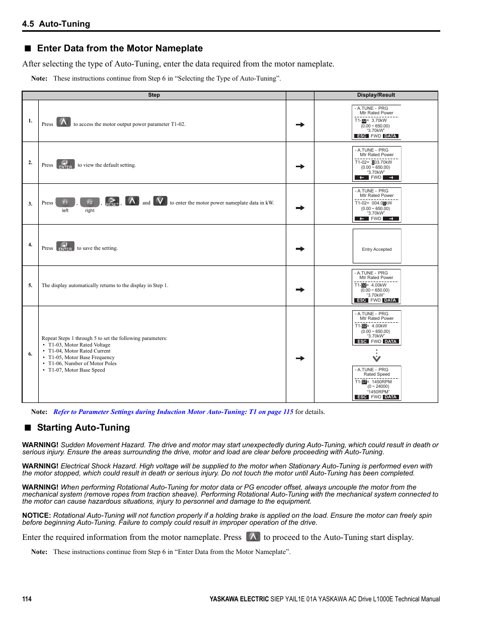 Enter data from the motor nameplate, Starting auto-tuning, 5 auto-tuning | Yaskawa L1000E AC Drive Technical Manual for CIMR-LE Models for Elevator Applications User Manual | Page 114 / 488
