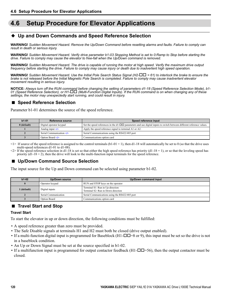 6 setup procedure for elevator applications, Up and down commands and speed reference selection, Speed reference selection | Up/down command source selection, Travel start and stop | Yaskawa L1000E AC Drive Technical Manual for CIMR-LE Models for Elevator Applications User Manual | Page 120 / 488