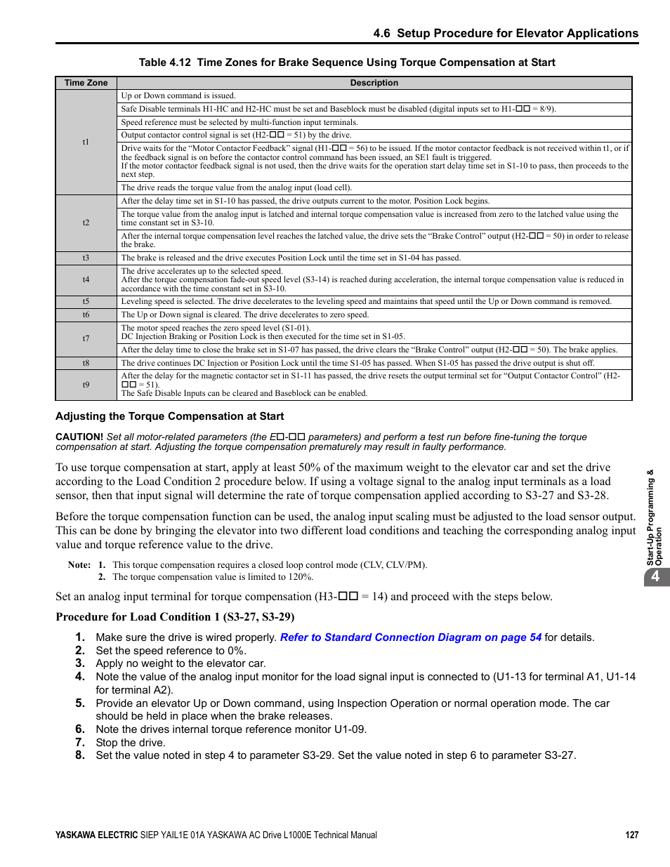 Table 4.12, 6 setup procedure for elevator applications | Yaskawa L1000E AC Drive Technical Manual for CIMR-LE Models for Elevator Applications User Manual | Page 127 / 488