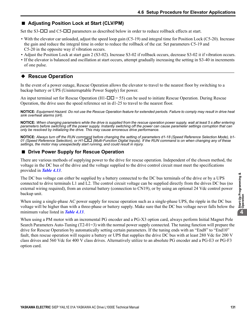 Rescue operation, Adjusting position lock at start (clv/pm), Drive power supply for rescue operation | Yaskawa L1000E AC Drive Technical Manual for CIMR-LE Models for Elevator Applications User Manual | Page 131 / 488