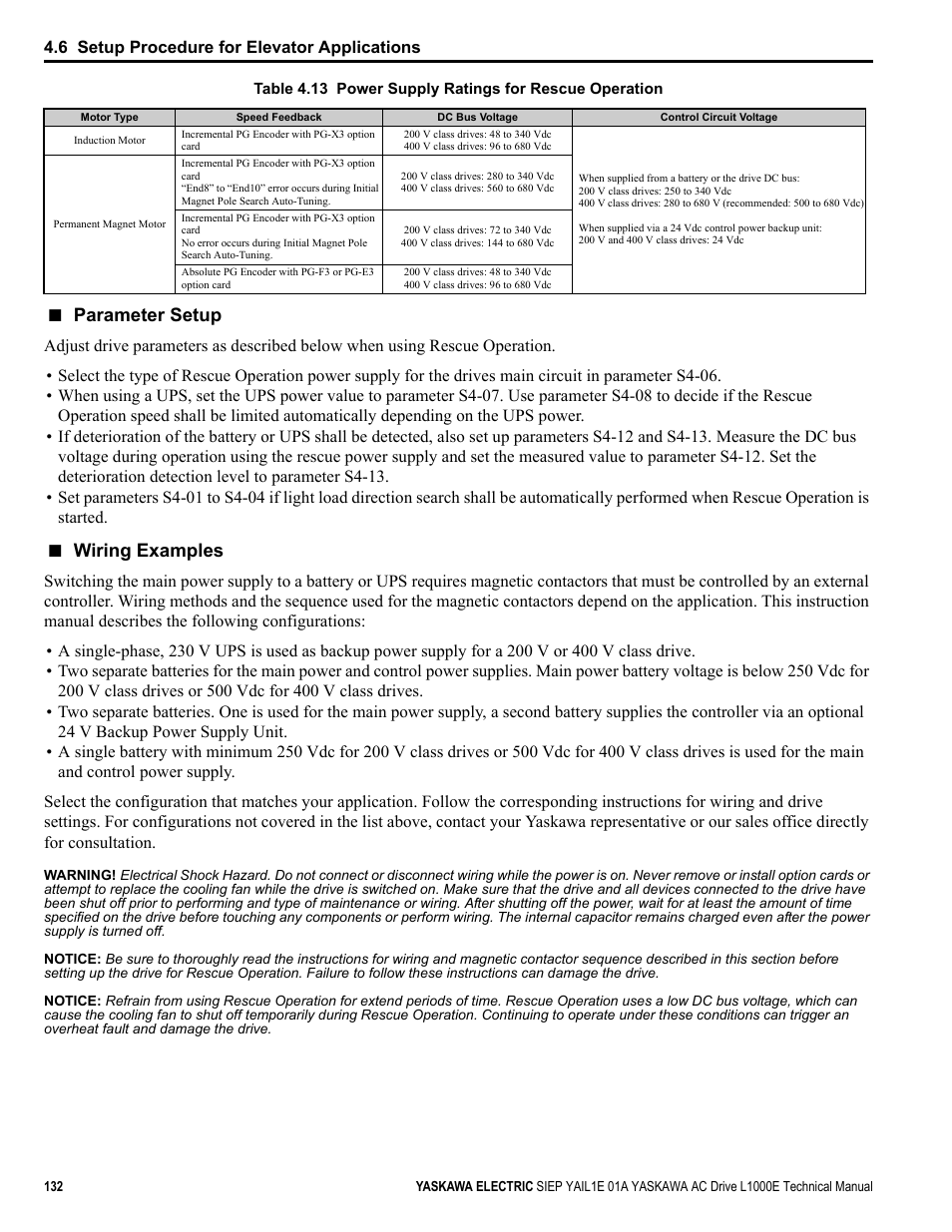 Table 4.13, Parameter setup, Wiring examples | Yaskawa L1000E AC Drive Technical Manual for CIMR-LE Models for Elevator Applications User Manual | Page 132 / 488