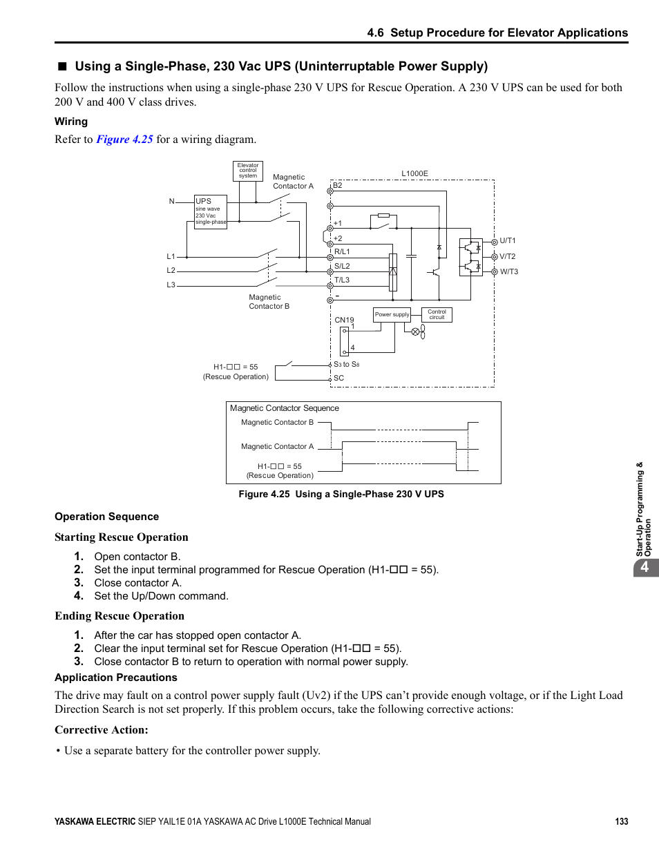 6 setup procedure for elevator applications, Refer to figure 4.25 for a wiring diagram, Starting rescue operation 1 | Ending rescue operation 1 | Yaskawa L1000E AC Drive Technical Manual for CIMR-LE Models for Elevator Applications User Manual | Page 133 / 488