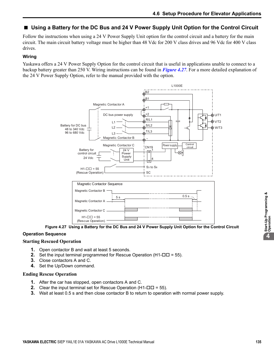 6 setup procedure for elevator applications, Starting rescued operation 1, Ending rescue operation 1 | Yaskawa L1000E AC Drive Technical Manual for CIMR-LE Models for Elevator Applications User Manual | Page 135 / 488