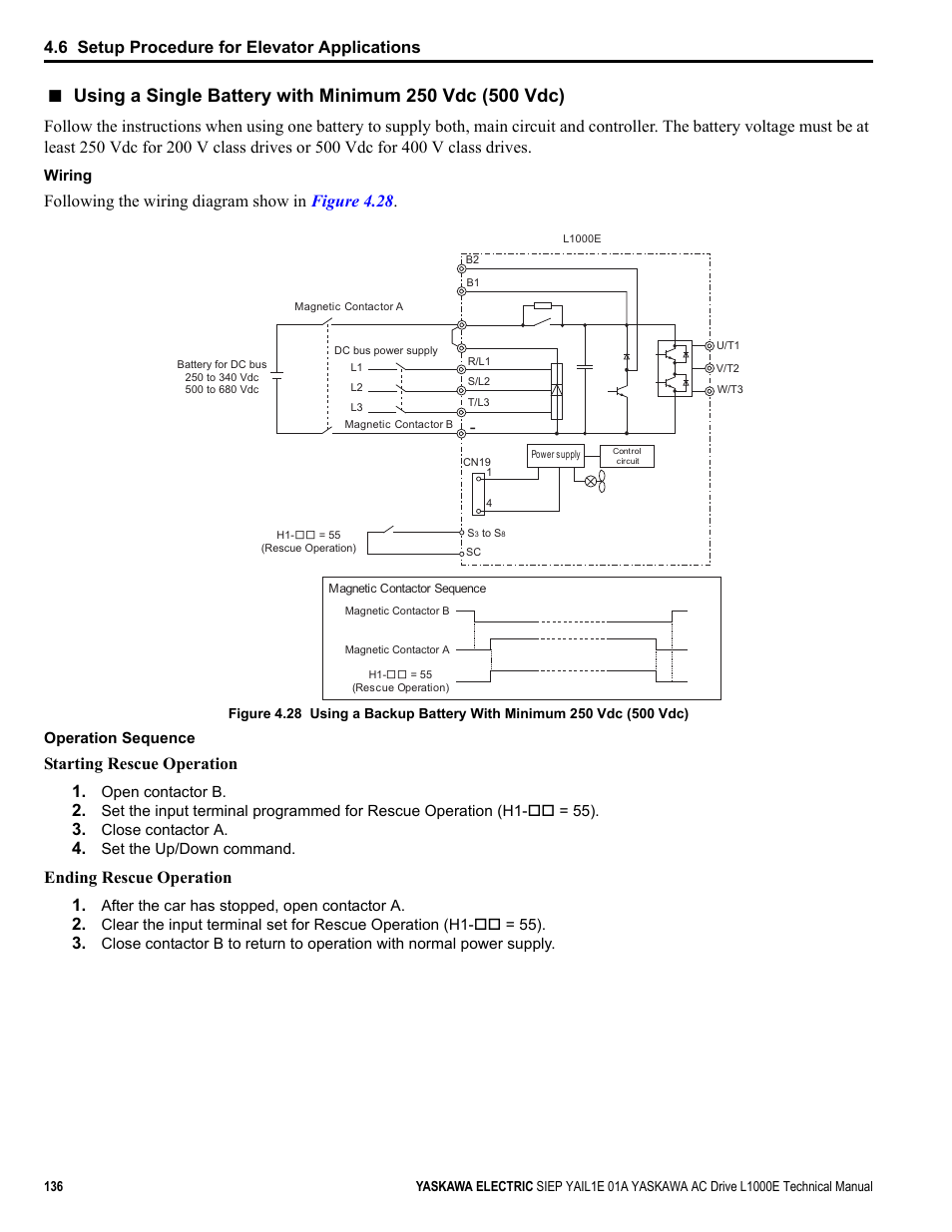 6 setup procedure for elevator applications, Following the wiring diagram show in figure 4.28, Starting rescue operation 1 | Ending rescue operation 1 | Yaskawa L1000E AC Drive Technical Manual for CIMR-LE Models for Elevator Applications User Manual | Page 136 / 488