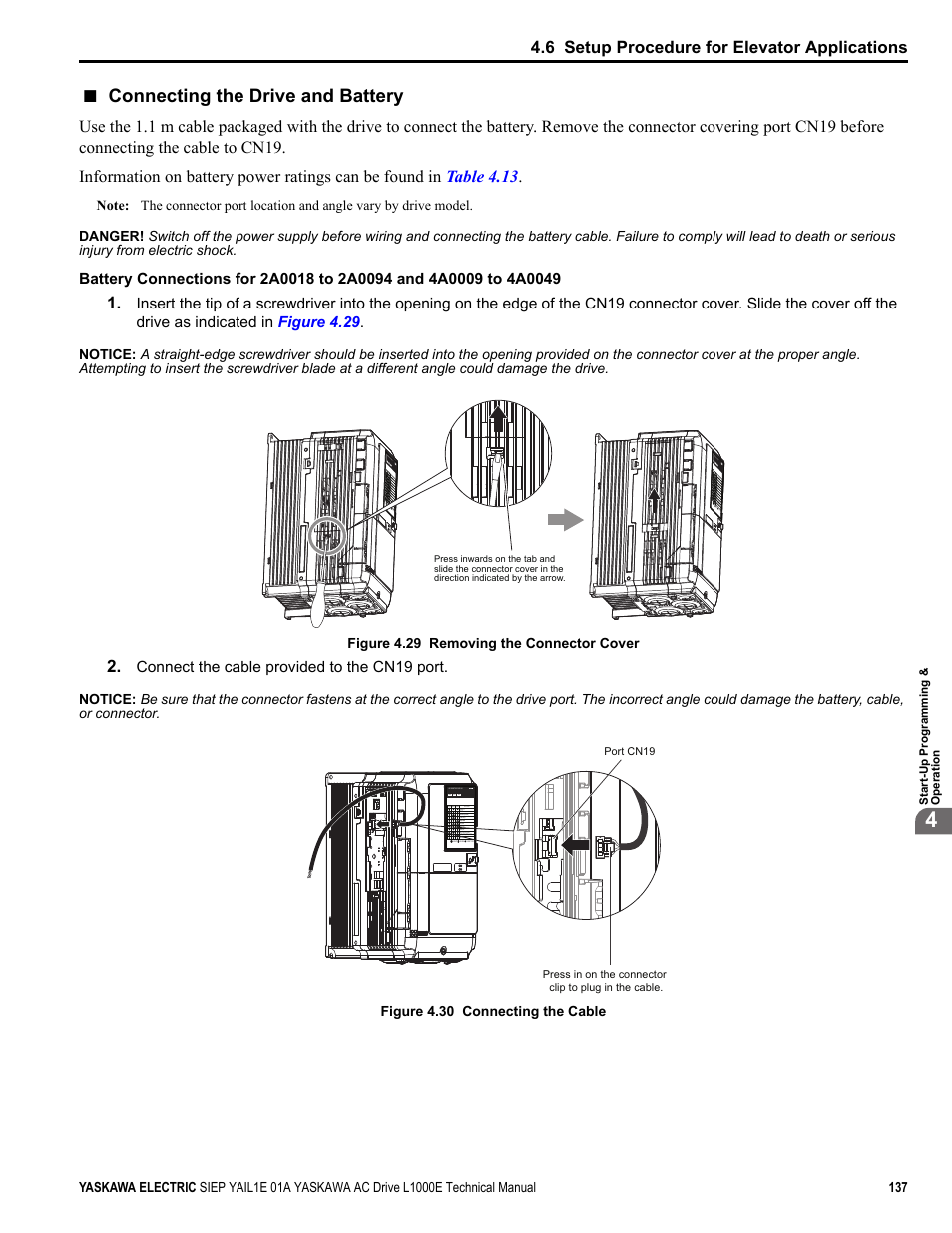 Refer to, For details, Connecting the drive and battery | 6 setup procedure for elevator applications | Yaskawa L1000E AC Drive Technical Manual for CIMR-LE Models for Elevator Applications User Manual | Page 137 / 488