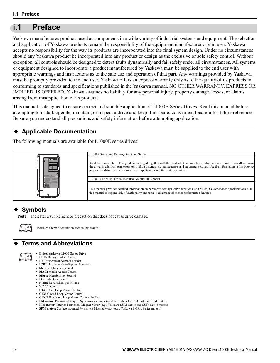 I.1 preface, Applicable documentation, Symbols | Terms and abbreviations, Yea_ c o m | Yaskawa L1000E AC Drive Technical Manual for CIMR-LE Models for Elevator Applications User Manual | Page 14 / 488