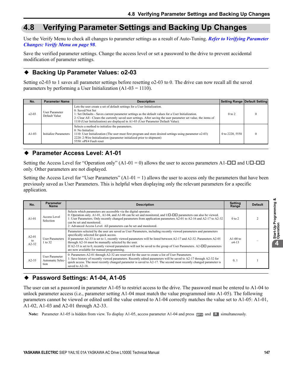 Backing up parameter values: o2-03, Parameter access level: a1-01, Password settings: a1-04, a1-05 | Yaskawa L1000E AC Drive Technical Manual for CIMR-LE Models for Elevator Applications User Manual | Page 147 / 488