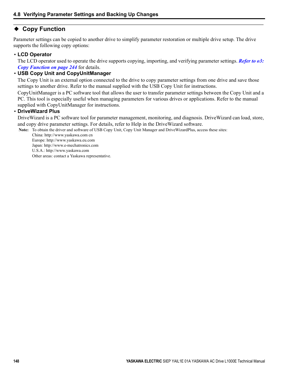 Copy function | Yaskawa L1000E AC Drive Technical Manual for CIMR-LE Models for Elevator Applications User Manual | Page 148 / 488