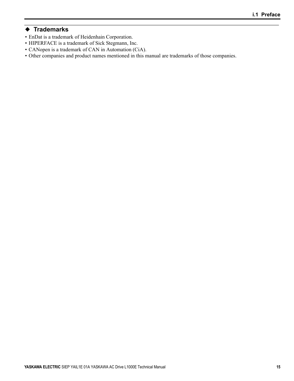 Trademarks | Yaskawa L1000E AC Drive Technical Manual for CIMR-LE Models for Elevator Applications User Manual | Page 15 / 488
