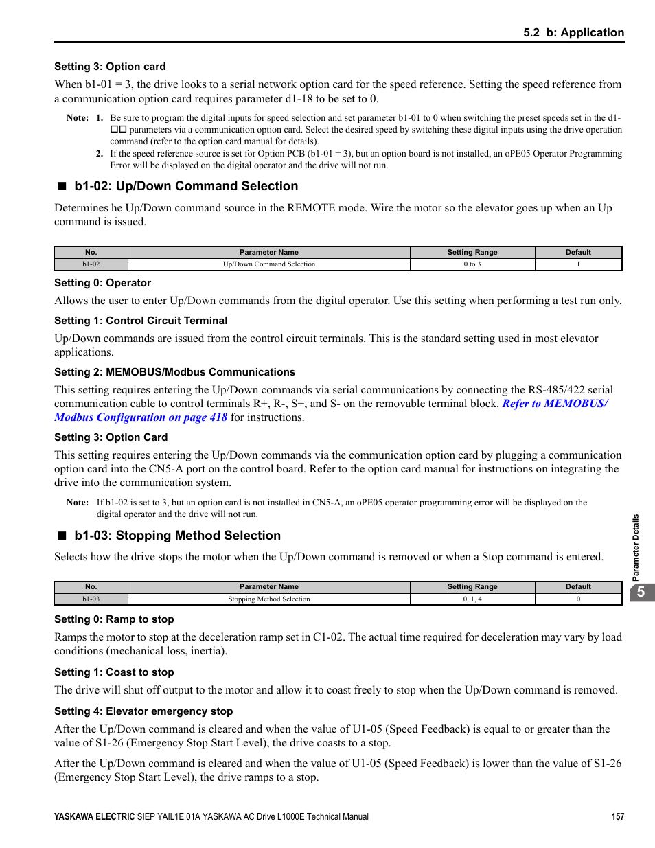 B1-02: up/down command selection, B1-03: stopping method selection | Yaskawa L1000E AC Drive Technical Manual for CIMR-LE Models for Elevator Applications User Manual | Page 157 / 488