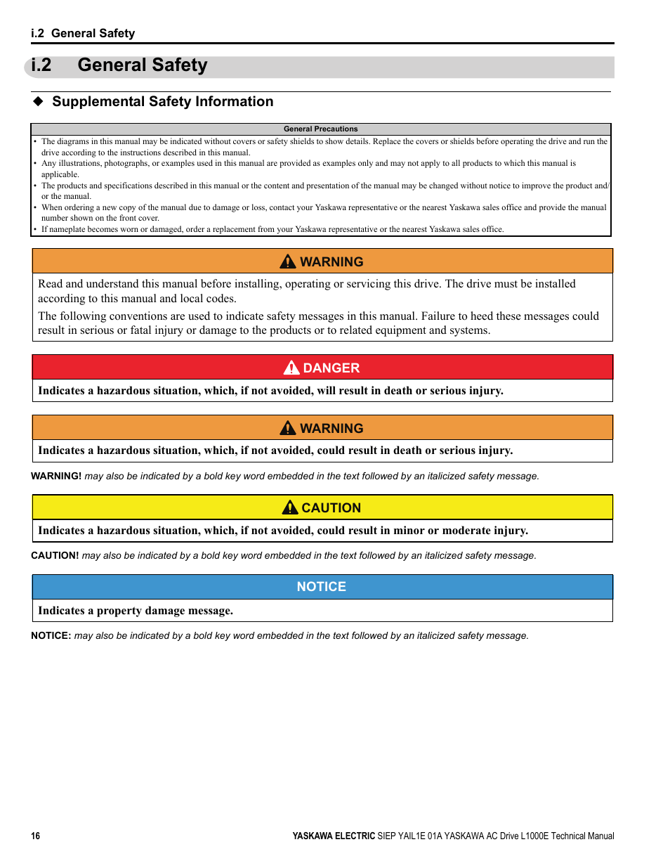 I.2 general safety, Supplemental safety information | Yaskawa L1000E AC Drive Technical Manual for CIMR-LE Models for Elevator Applications User Manual | Page 16 / 488