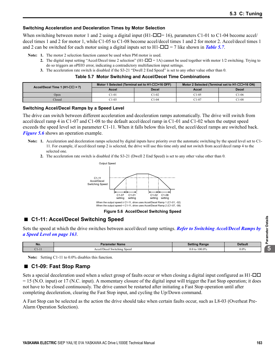 C1-11: accel/decel switching speed, C1-09: fast stop ramp, Common_tmo | 3 c: tuning | Yaskawa L1000E AC Drive Technical Manual for CIMR-LE Models for Elevator Applications User Manual | Page 163 / 488