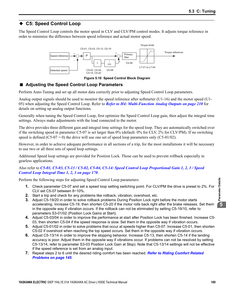 C5: speed control loop, Adjusting the speed control loop parameters, Common_tmo | Yaskawa L1000E AC Drive Technical Manual for CIMR-LE Models for Elevator Applications User Manual | Page 169 / 488