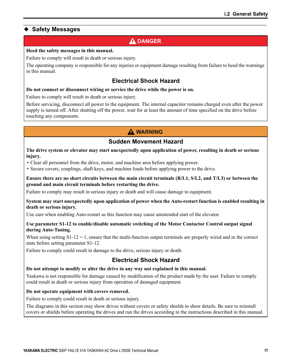 Safety messages | Yaskawa L1000E AC Drive Technical Manual for CIMR-LE Models for Elevator Applications User Manual | Page 17 / 488