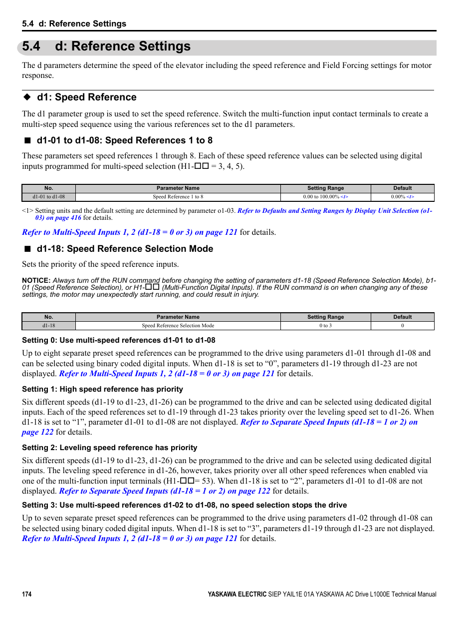 4 d: reference settings, D1: speed reference, For details | D1-18: speed reference selection mode | Yaskawa L1000E AC Drive Technical Manual for CIMR-LE Models for Elevator Applications User Manual | Page 174 / 488