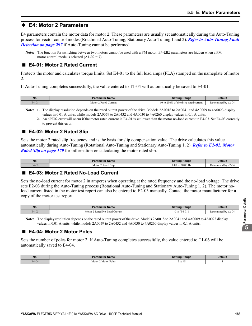 E4: motor 2 parameters, E4-01: motor 2 rated current, E4-02: motor 2 rated slip | E4-03: motor 2 rated no-load current, E4-04: motor 2 motor poles, 5 e: motor parameters | Yaskawa L1000E AC Drive Technical Manual for CIMR-LE Models for Elevator Applications User Manual | Page 183 / 488