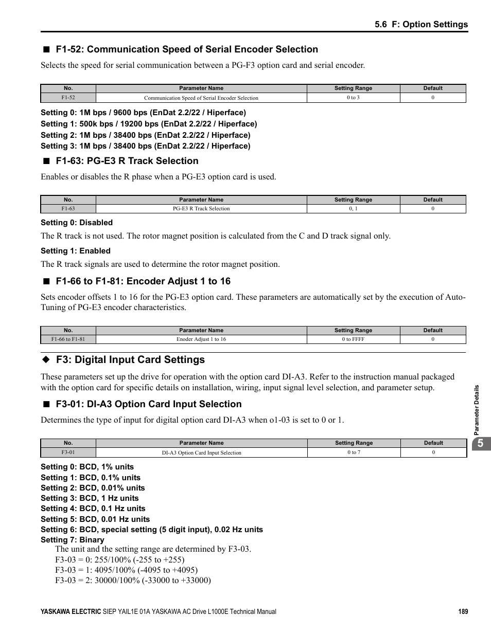 F3: digital input card settings, F1-63: pg-e3 r track selection, F3-01: di-a3 option card input selection | 6 f: option settings | Yaskawa L1000E AC Drive Technical Manual for CIMR-LE Models for Elevator Applications User Manual | Page 189 / 488