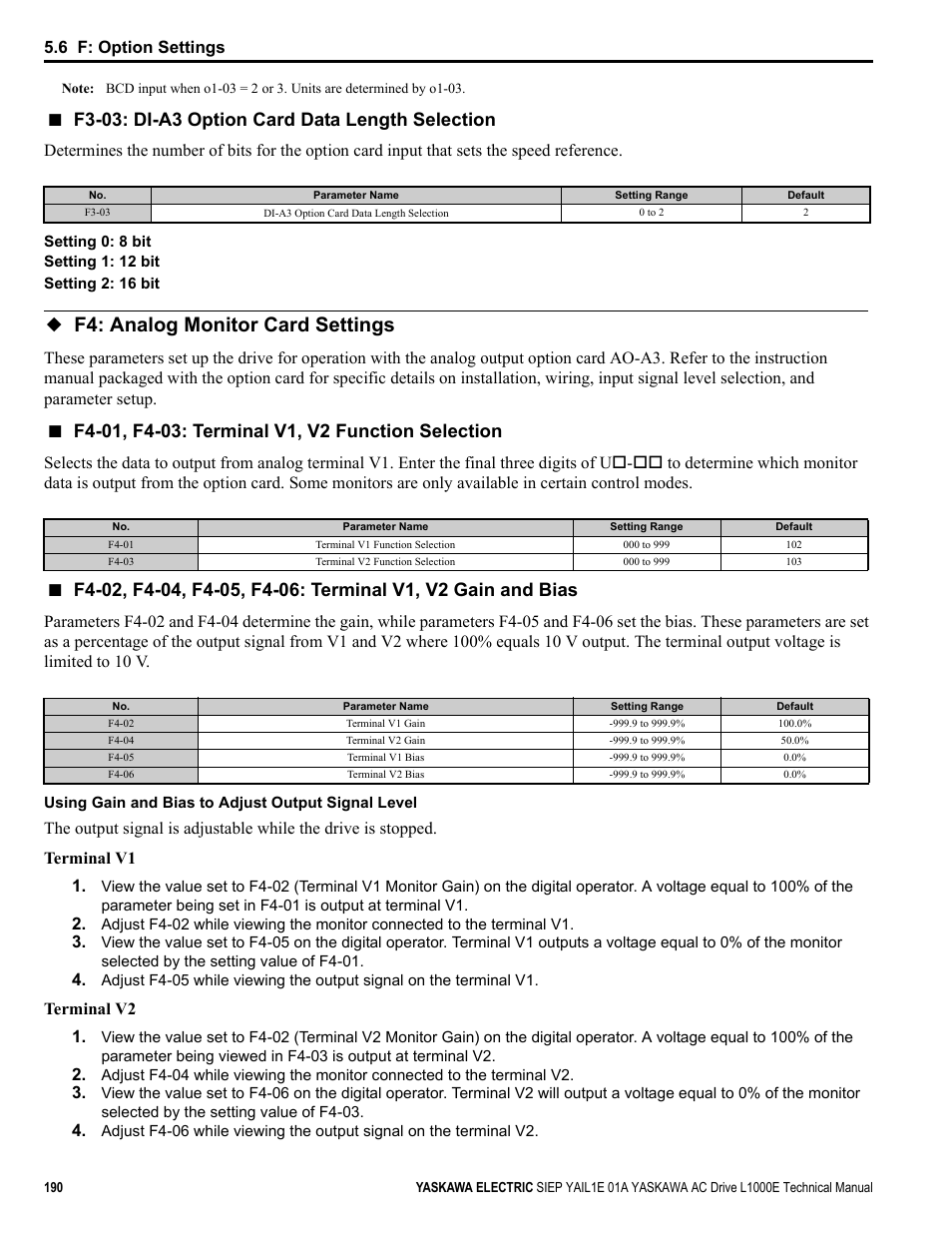 F4: analog monitor card settings, F3-03: di-a3 option card data length selection, 6 f: option settings | Terminal v2 1 | Yaskawa L1000E AC Drive Technical Manual for CIMR-LE Models for Elevator Applications User Manual | Page 190 / 488