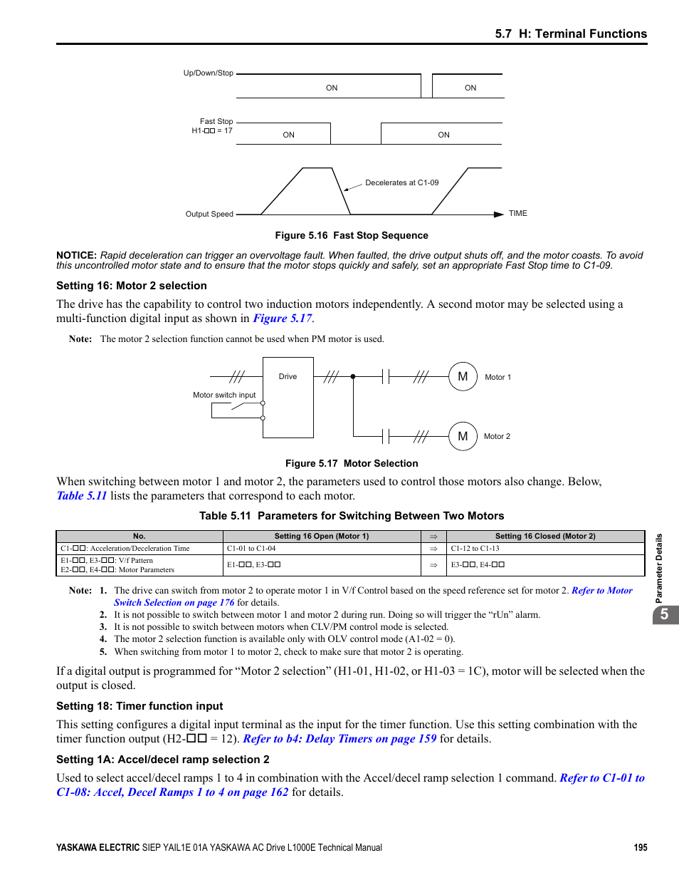 T the v/f pattern used for motor 2, For details on, Figure 5.16 | Show, Yea_tmon, Common_ tmonly, 7 h: terminal functions | Yaskawa L1000E AC Drive Technical Manual for CIMR-LE Models for Elevator Applications User Manual | Page 195 / 488