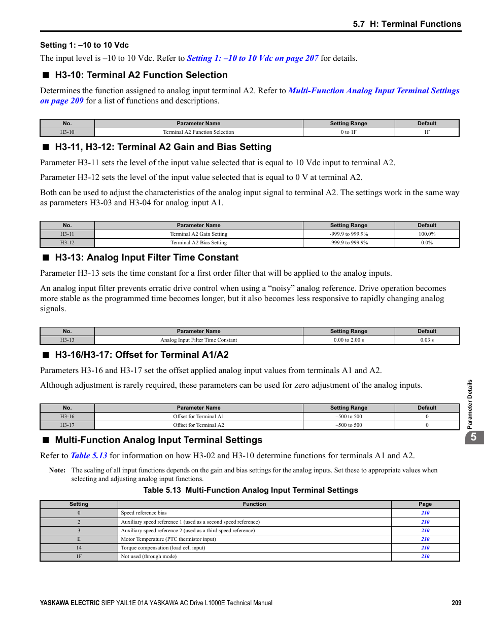 Analog input functions, Refer to multi, Table 5.13 | A1. refer to, H3-10: terminal a2 function selection, H3-13: analog input filter time constant, Multi-function analog input terminal settings, 7 h: terminal functions | Yaskawa L1000E AC Drive Technical Manual for CIMR-LE Models for Elevator Applications User Manual | Page 209 / 488