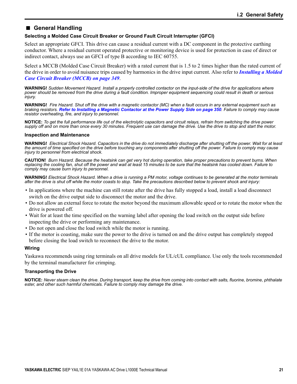 Yaskawa L1000E AC Drive Technical Manual for CIMR-LE Models for Elevator Applications User Manual | Page 21 / 488