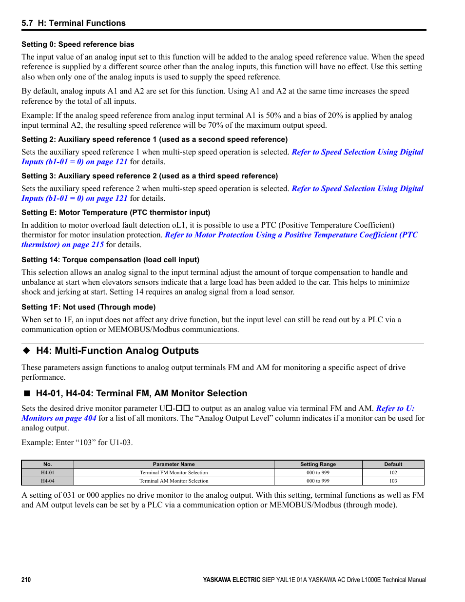 H4: multi-function analog outputs, Refer to | Yaskawa L1000E AC Drive Technical Manual for CIMR-LE Models for Elevator Applications User Manual | Page 210 / 488