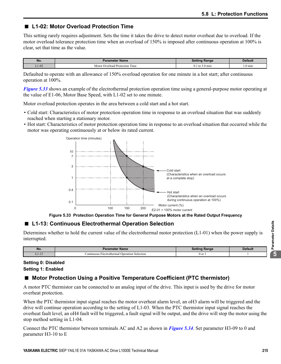 Ection, L1-02: motor overload protection time, Common_tmo | 8 l: protection functions | Yaskawa L1000E AC Drive Technical Manual for CIMR-LE Models for Elevator Applications User Manual | Page 215 / 488