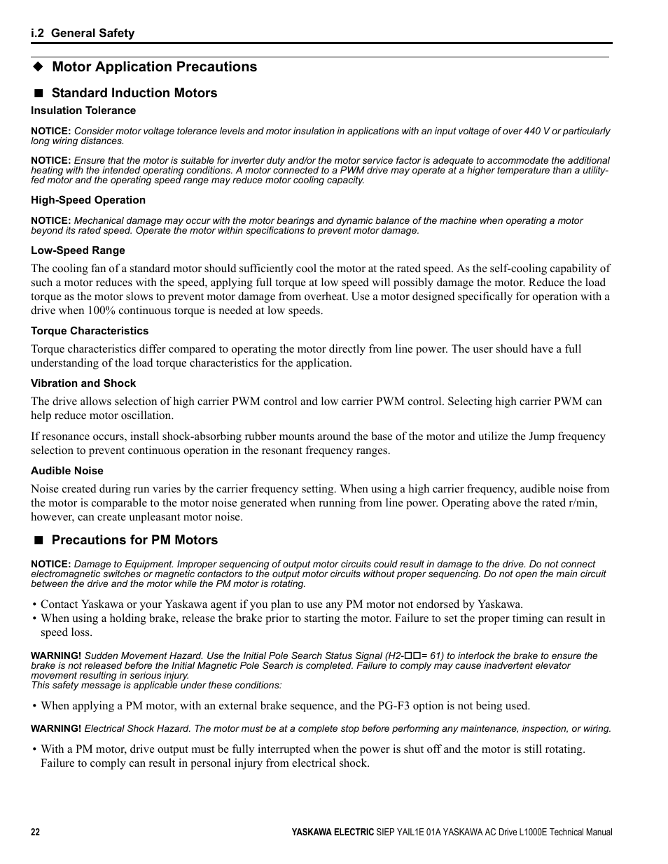 Motor application precautions | Yaskawa L1000E AC Drive Technical Manual for CIMR-LE Models for Elevator Applications User Manual | Page 22 / 488