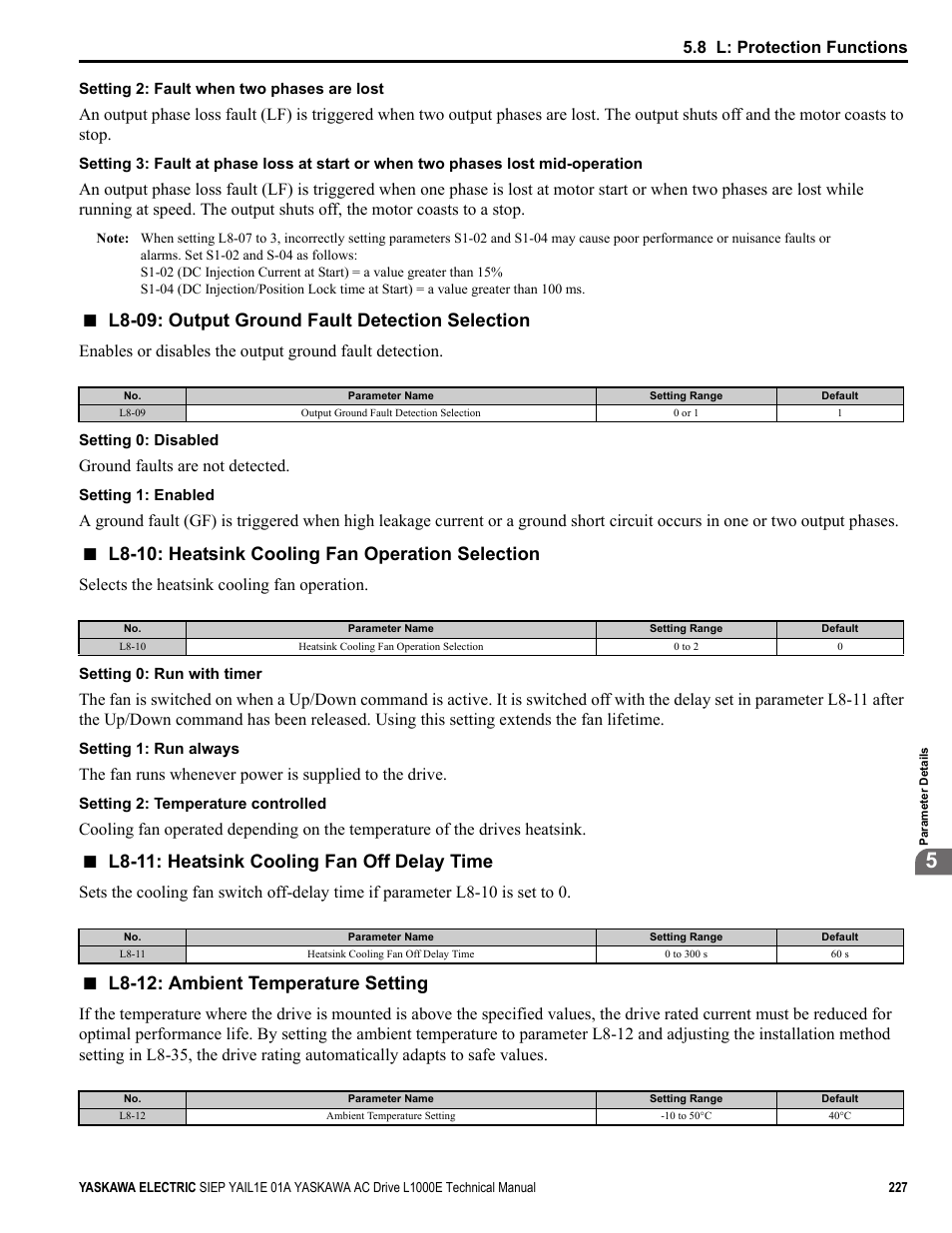 L8-09: output ground fault detection selection, L8-10: heatsink cooling fan operation selection, L8-11: heatsink cooling fan off delay time | L8-12: ambient temperature setting, 8 l: protection functions, Ground faults are not detected, Selects the heatsink cooling fan operation | Yaskawa L1000E AC Drive Technical Manual for CIMR-LE Models for Elevator Applications User Manual | Page 227 / 488