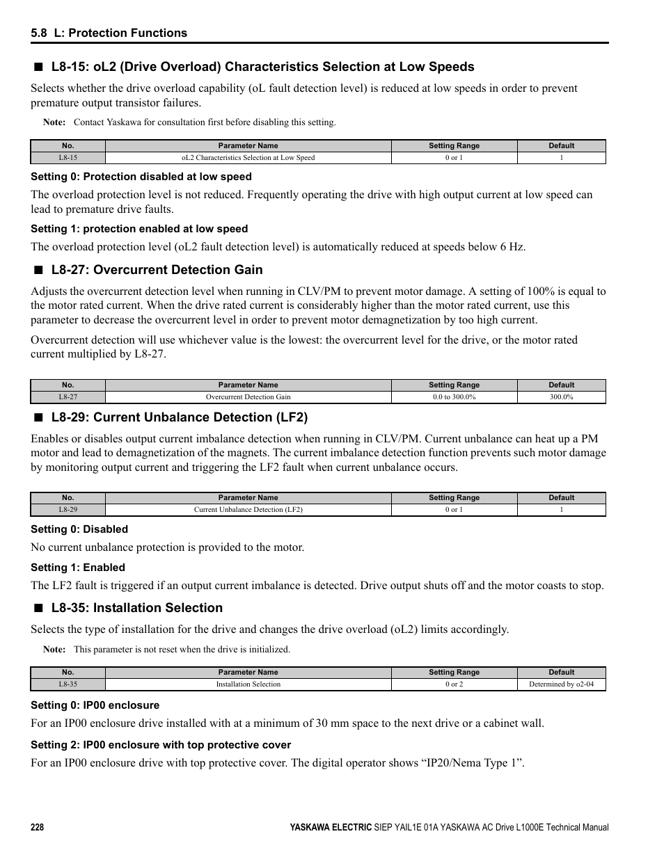 L8-27: overcurrent detection gain, L8-29: current unbalance detection (lf2), L8-35: installation selection | 8 l: protection functions | Yaskawa L1000E AC Drive Technical Manual for CIMR-LE Models for Elevator Applications User Manual | Page 228 / 488