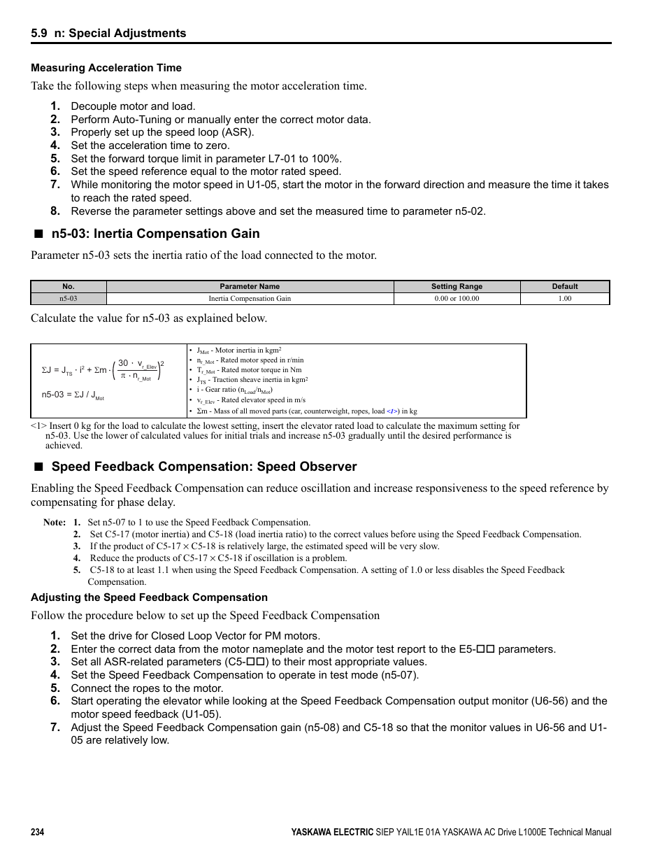 N5-03: inertia compensation gain, Speed feedback compensation: speed observer, 9 n: special adjustments | Yaskawa L1000E AC Drive Technical Manual for CIMR-LE Models for Elevator Applications User Manual | Page 234 / 488