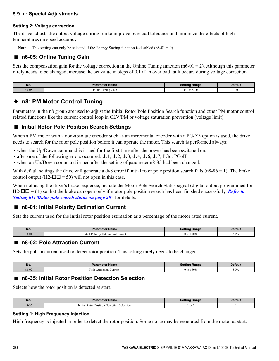 N8: pm motor control tuning, Position search is finished, Refer to n8-35: initial rotor | For details on motor, N6-05: online tuning gain, Initial rotor pole position search settings, N8-01: initial polarity estimation current, N8-02: pole attraction current, N8-35: initial rotor position detection selection, 9 n: special adjustments | Yaskawa L1000E AC Drive Technical Manual for CIMR-LE Models for Elevator Applications User Manual | Page 236 / 488
