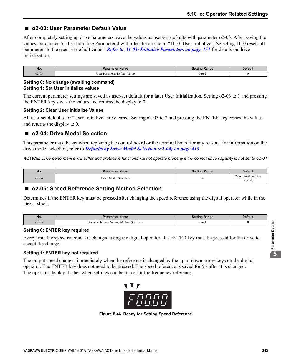 O2-03: user parameter default value, O2-04: drive model selection, O2-05: speed reference setting method selection | Common_tmo, 10 o: operator related settings | Yaskawa L1000E AC Drive Technical Manual for CIMR-LE Models for Elevator Applications User Manual | Page 243 / 488