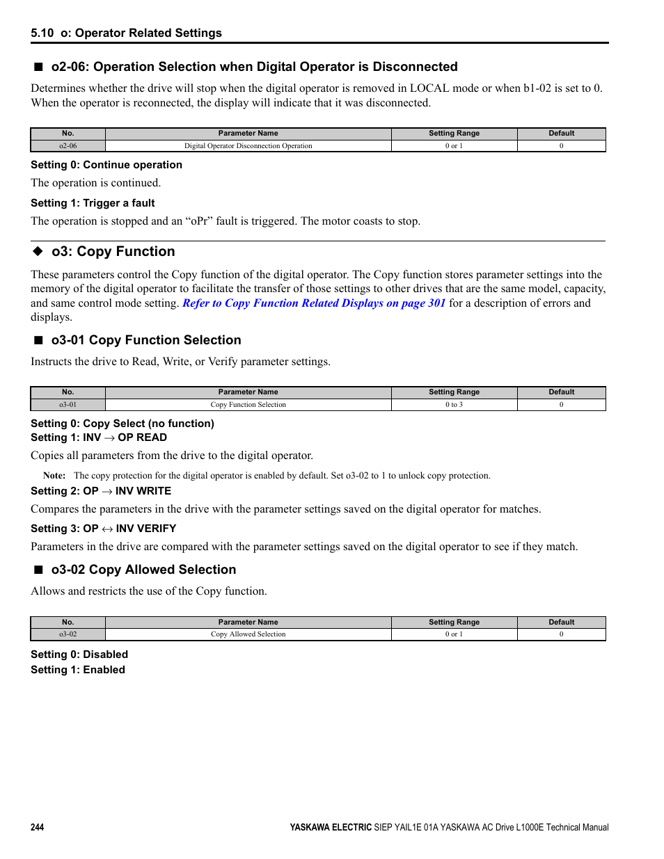 O3: copy function, O3-01 copy function selection, O3-02 copy allowed selection | Yaskawa L1000E AC Drive Technical Manual for CIMR-LE Models for Elevator Applications User Manual | Page 244 / 488