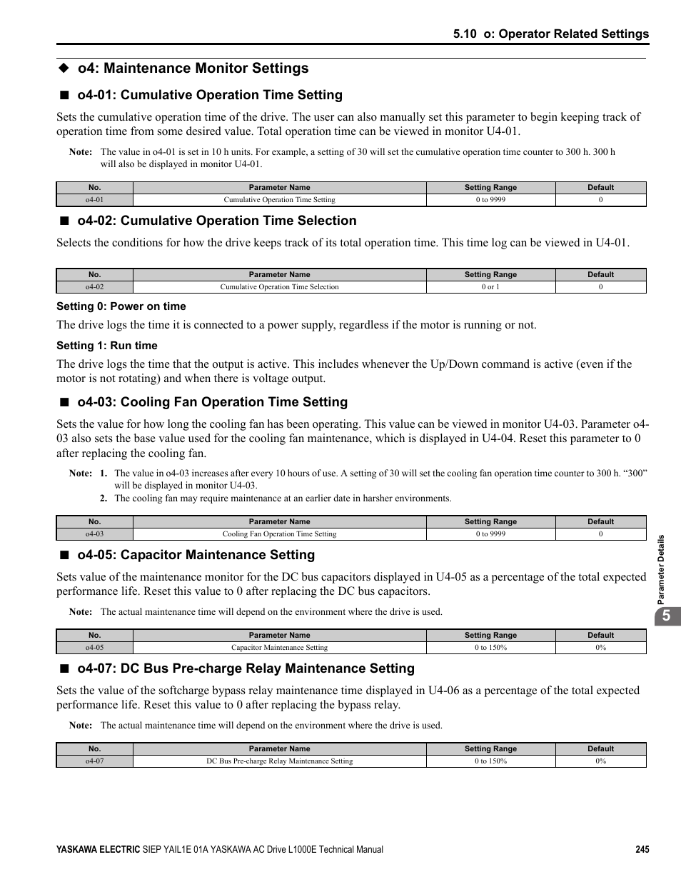 O4: maintenance monitor settings, O4-01: cumulative operation time setting, O4-02: cumulative operation time selection | O4-03: cooling fan operation time setting, O4-05: capacitor maintenance setting, O4-07: dc bus pre-charge relay maintenance setting, 10 o: operator related settings | Yaskawa L1000E AC Drive Technical Manual for CIMR-LE Models for Elevator Applications User Manual | Page 245 / 488