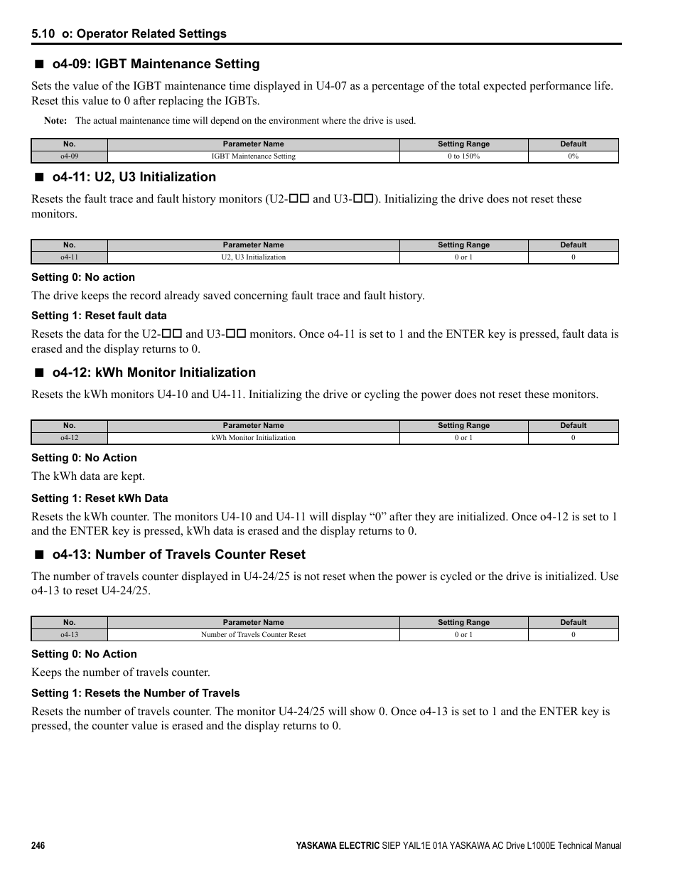 O4-09: igbt maintenance setting, O4-12: kwh monitor initialization, O4-13: number of travels counter reset | 10 o: operator related settings, The kwh data are kept, Keeps the number of travels counter | Yaskawa L1000E AC Drive Technical Manual for CIMR-LE Models for Elevator Applications User Manual | Page 246 / 488