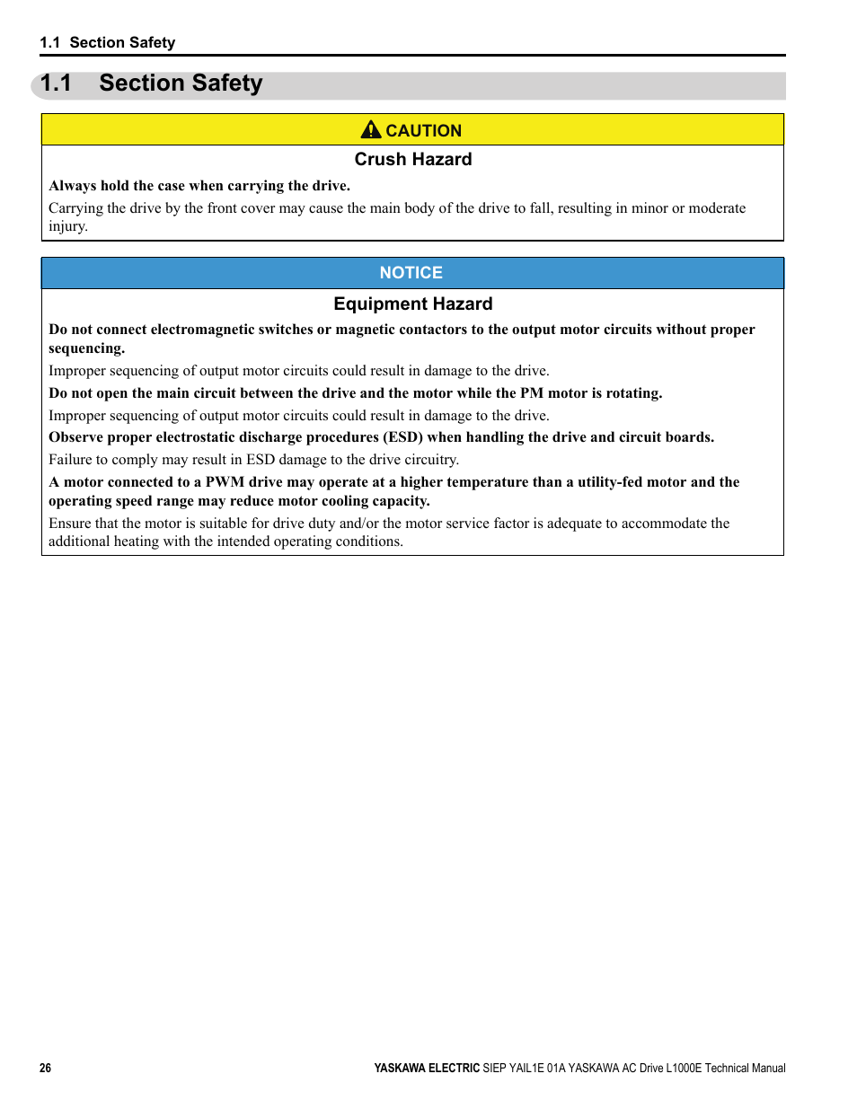 1 section safety | Yaskawa L1000E AC Drive Technical Manual for CIMR-LE Models for Elevator Applications User Manual | Page 26 / 488