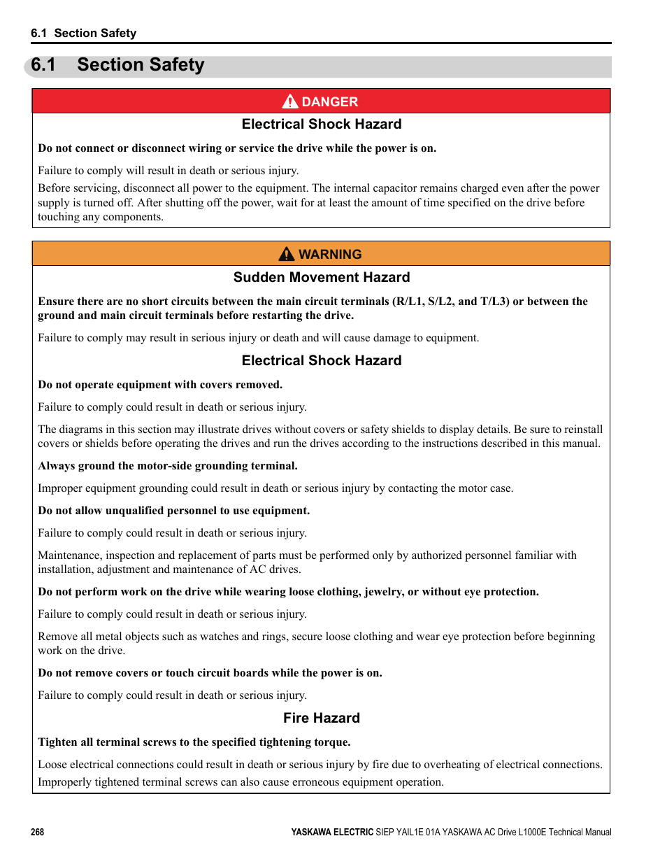 1 section safety | Yaskawa L1000E AC Drive Technical Manual for CIMR-LE Models for Elevator Applications User Manual | Page 268 / 488
