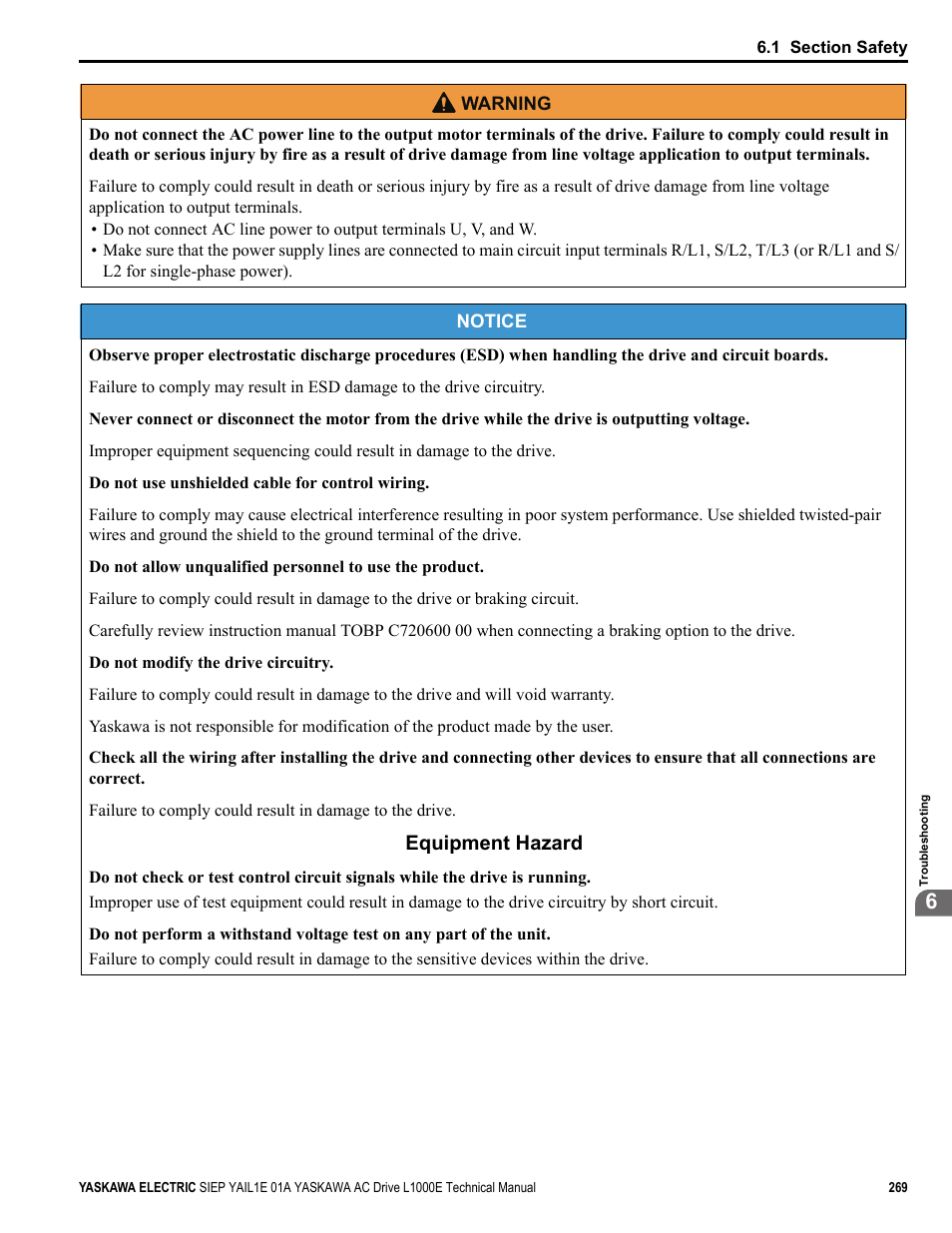 Equipment hazard | Yaskawa L1000E AC Drive Technical Manual for CIMR-LE Models for Elevator Applications User Manual | Page 269 / 488