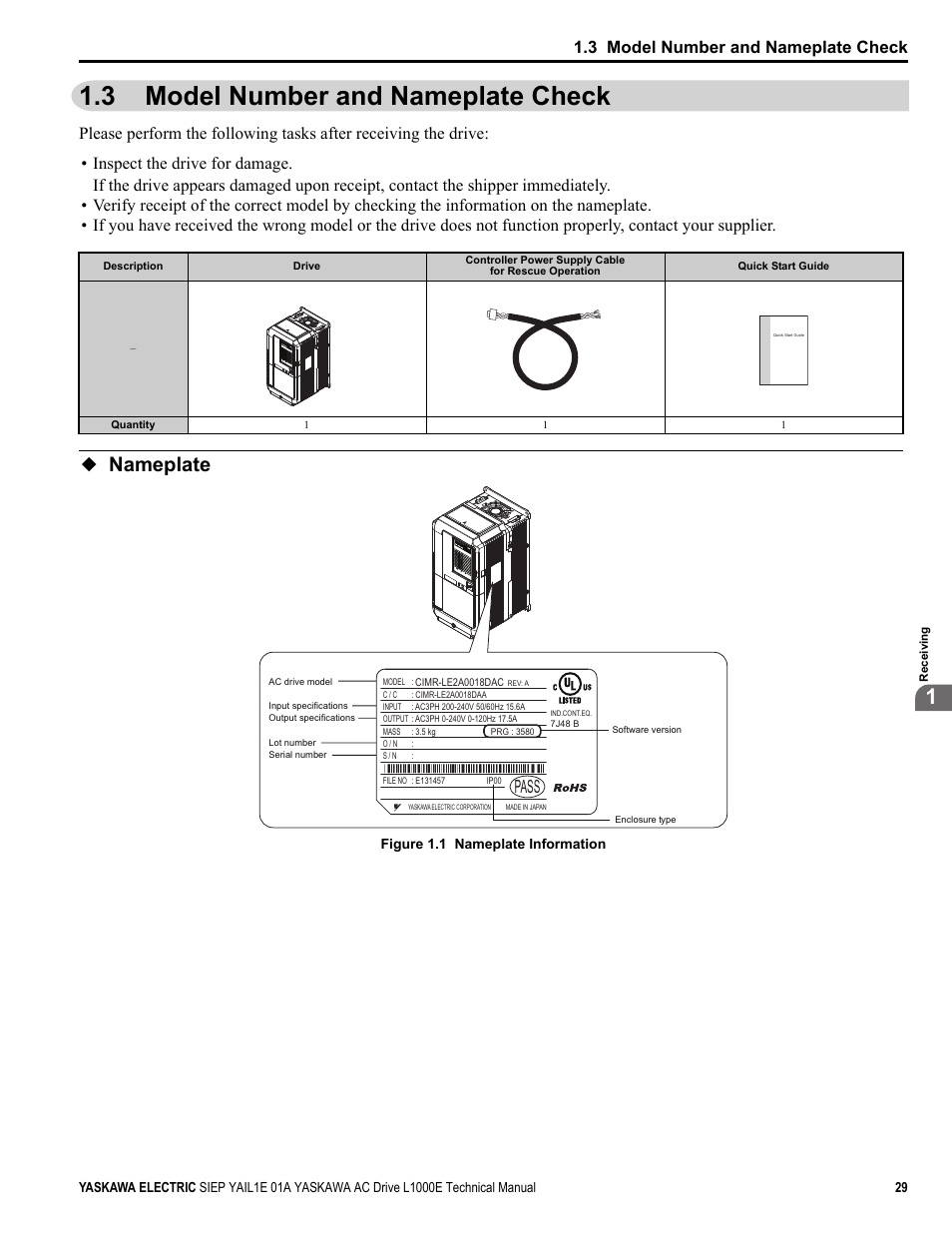 3 model number and nameplate check, Nameplate, Yea_c o m | Pass, Yea_comm | Yaskawa L1000E AC Drive Technical Manual for CIMR-LE Models for Elevator Applications User Manual | Page 29 / 488