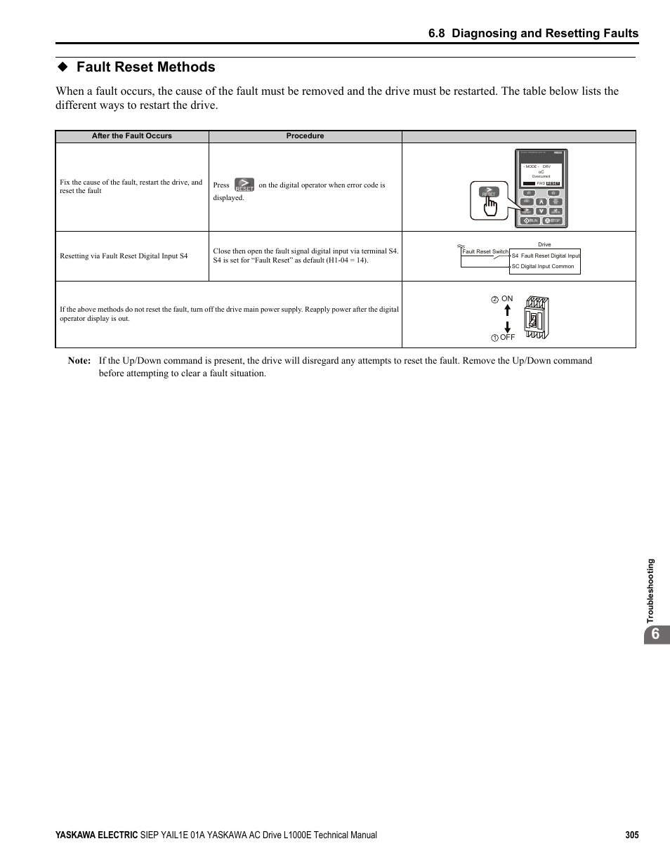Fault reset methods, 8 diagnosing and resetting faults | Yaskawa L1000E AC Drive Technical Manual for CIMR-LE Models for Elevator Applications User Manual | Page 305 / 488