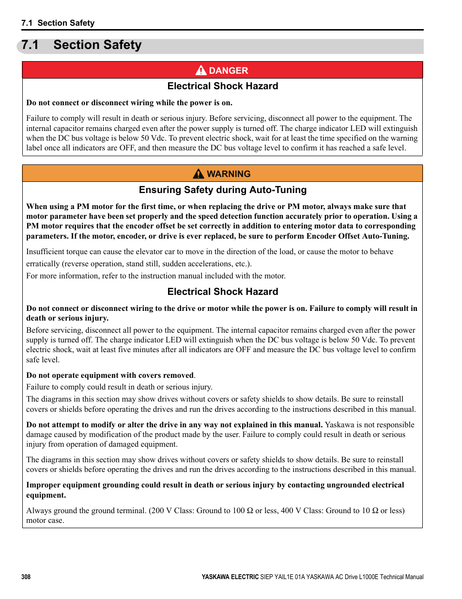 1 section safety | Yaskawa L1000E AC Drive Technical Manual for CIMR-LE Models for Elevator Applications User Manual | Page 308 / 488